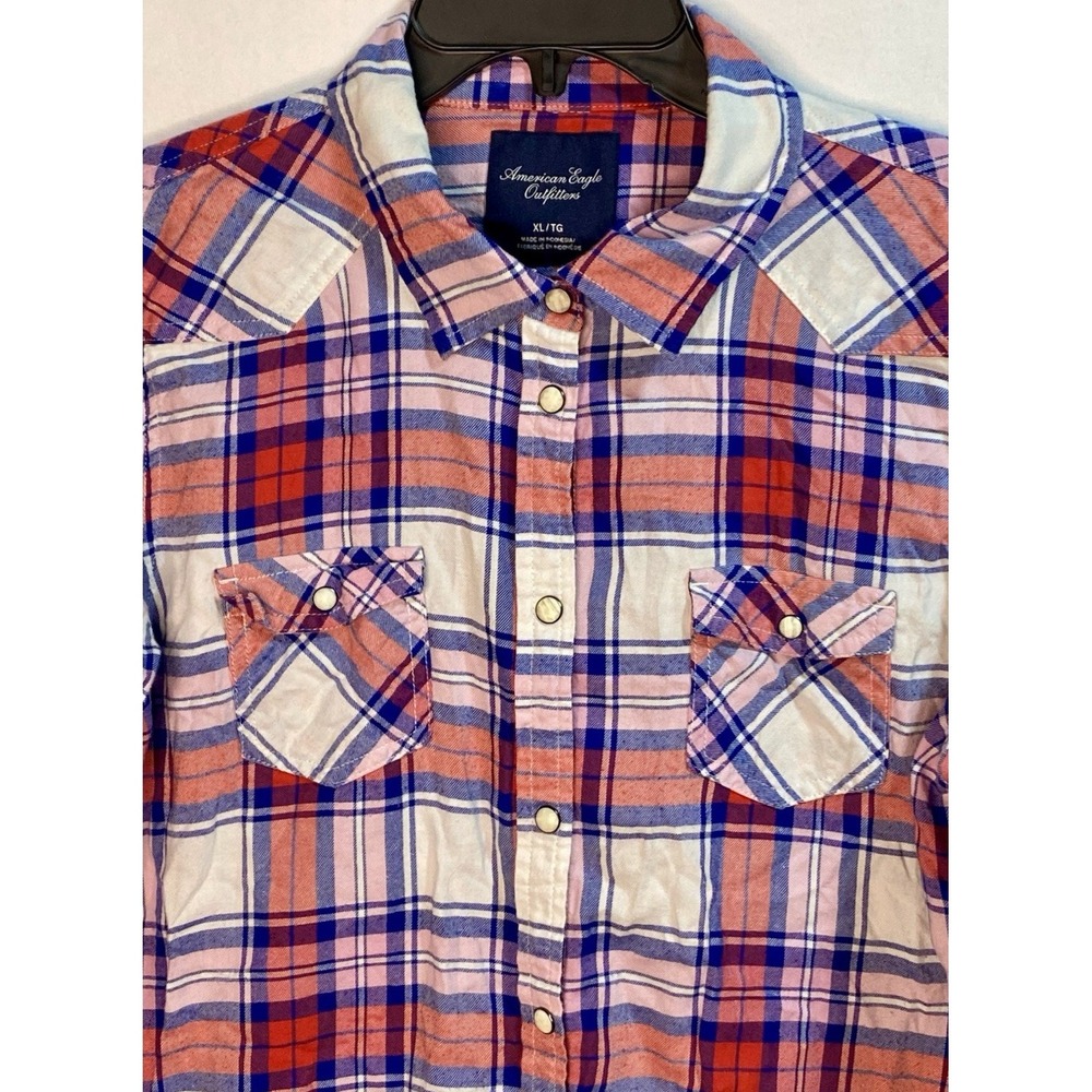 American Eagle Womens XL Plaid Western Flannel Snap Button Shirt Cotton